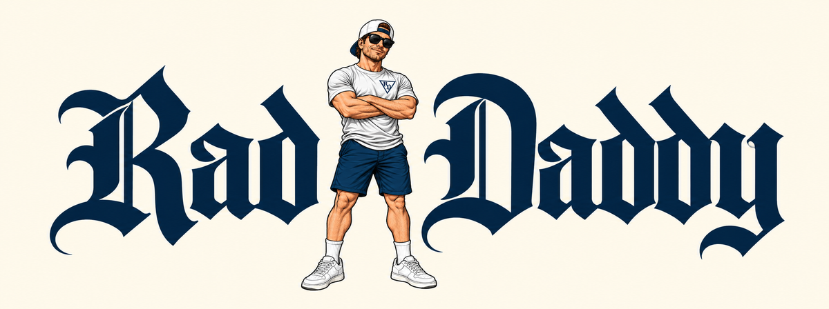Rad Daddy wordmark with B-Rad wearing a white logo T-shirt, navy shorts, sunglasses, and a backward cap