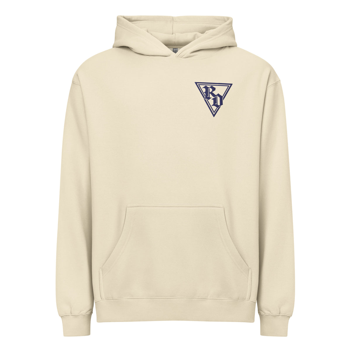 Embroidered Navy RD logo box style hoodie by Rad Daddy Clothing in bone, front view
