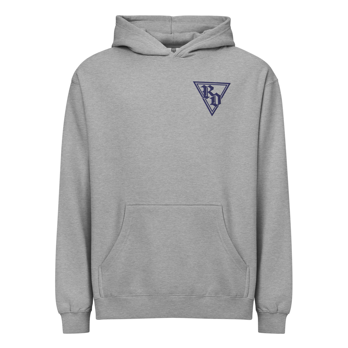 Embroidered Navy RD logo box style hoodie by Rad Daddy Clothing in carbon grey, front view