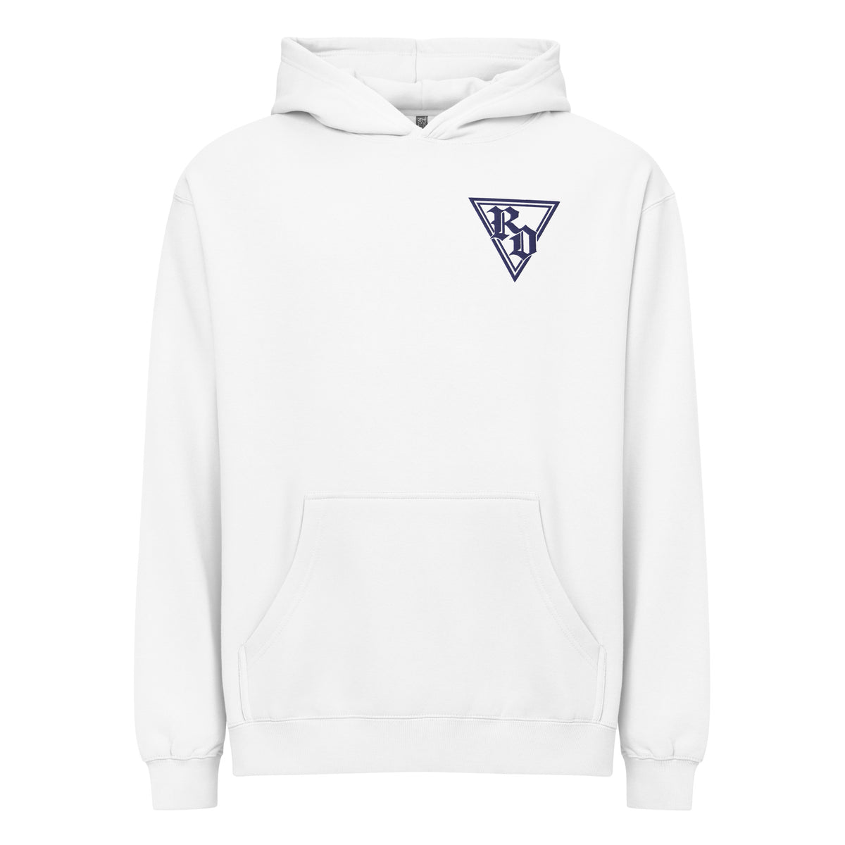 Embroidered Navy RD logo box style hoodie by Rad Daddy Clothing in white, front view