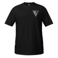 Embroidered white RD logo Tee by Rad Daddy Clothing in black, front view