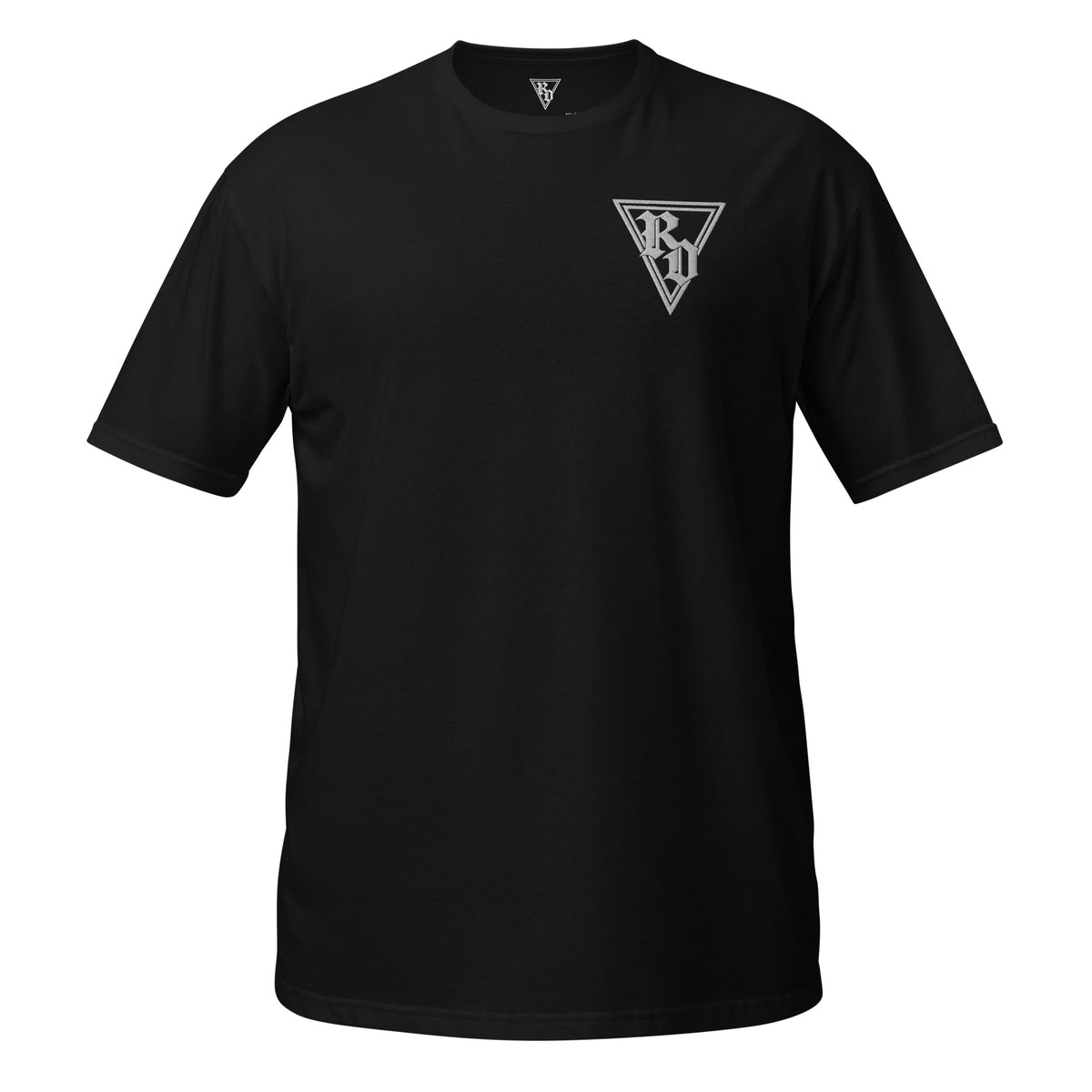 Embroidered white RD logo Tee by Rad Daddy Clothing in black, front view