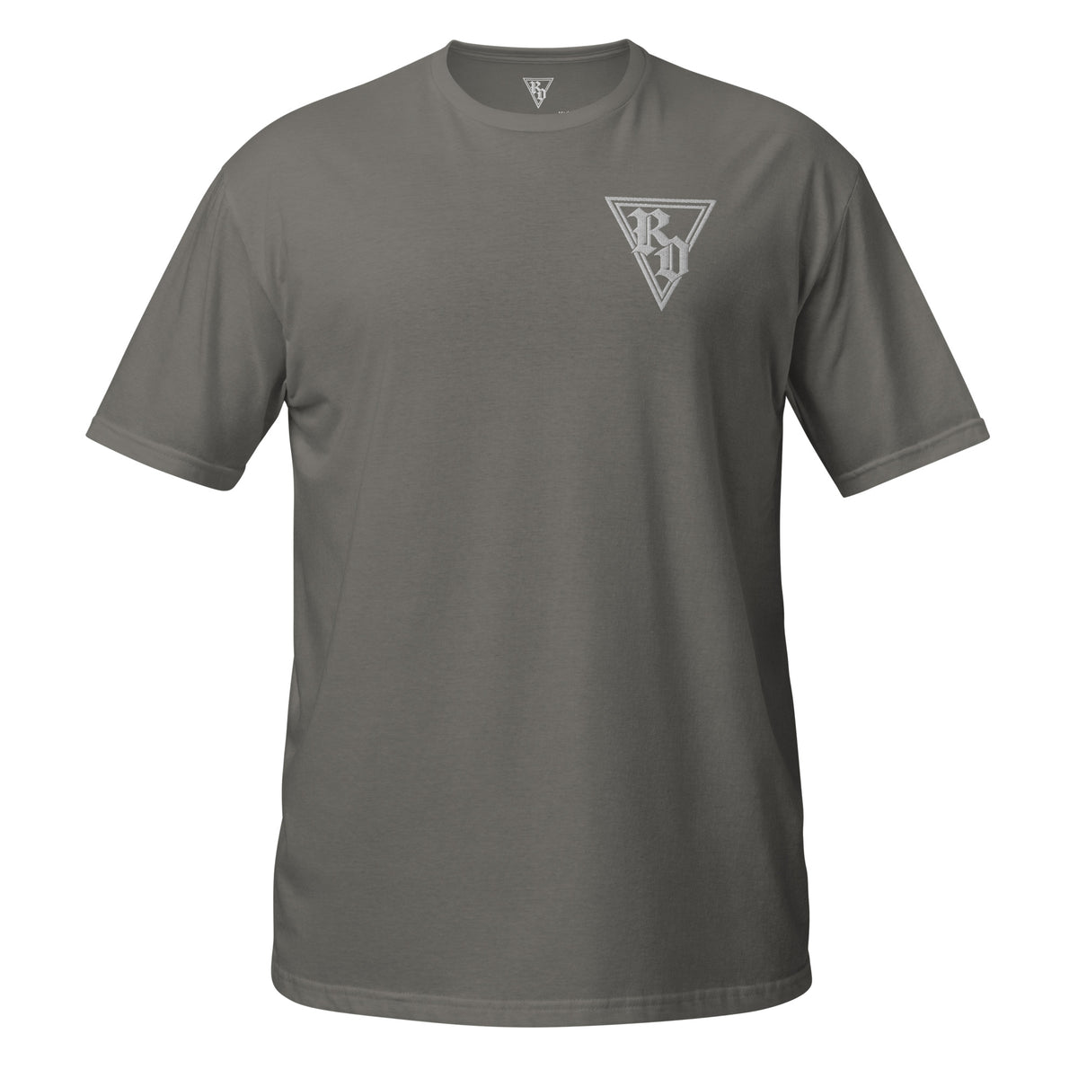 Embroidered white RD logo Tee by Rad Daddy Clothing in charcoal, front view