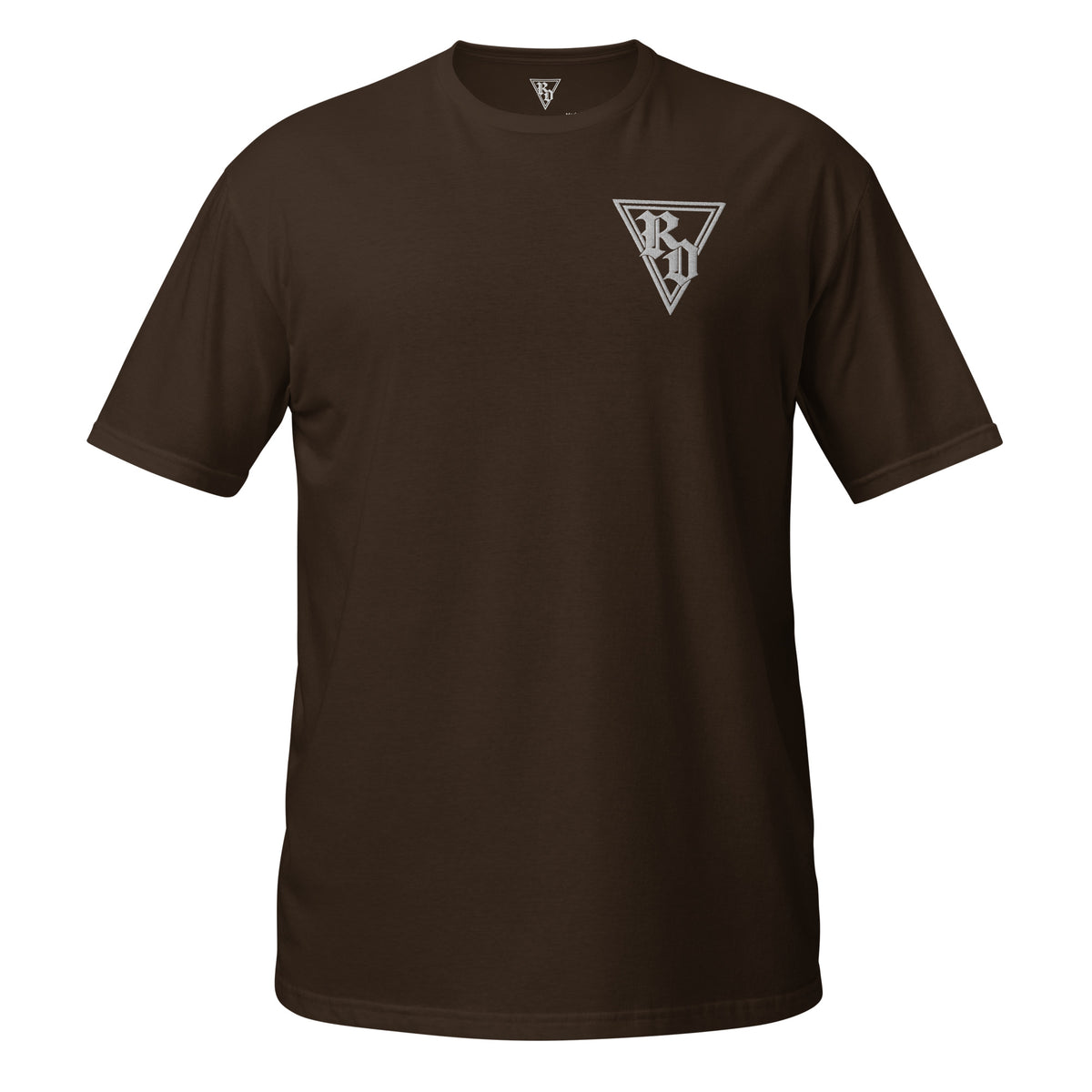 Embroidered white RD logo Tee by Rad Daddy Clothing in dark chocolate, front view