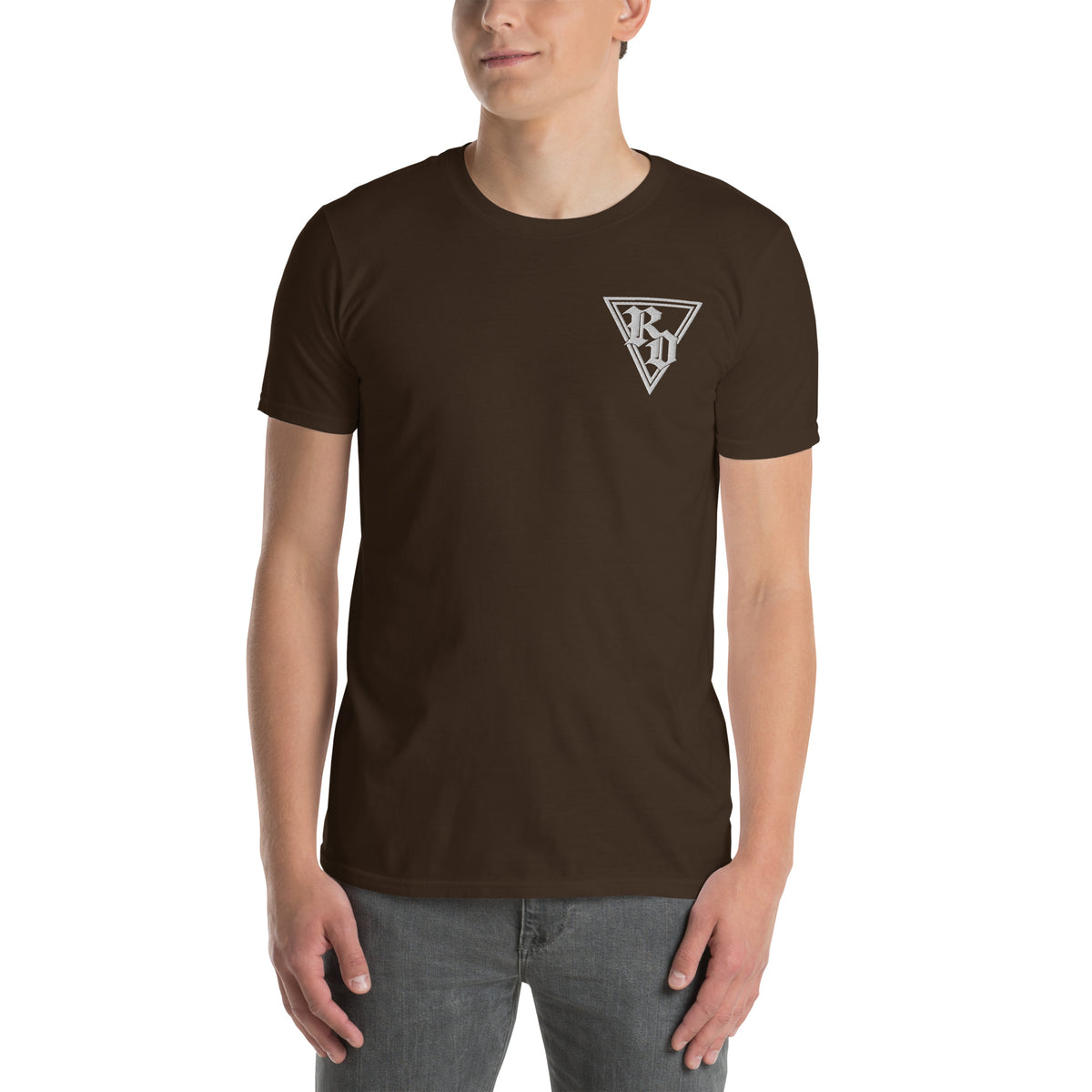 Embroidered white RD logo Tee by Rad Daddy Clothing in dark chocolate, front view