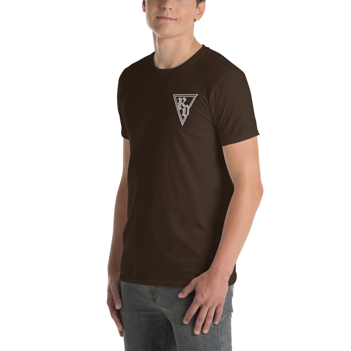 Embroidered white RD logo Tee by Rad Daddy Clothing in dark chocolate, left front view