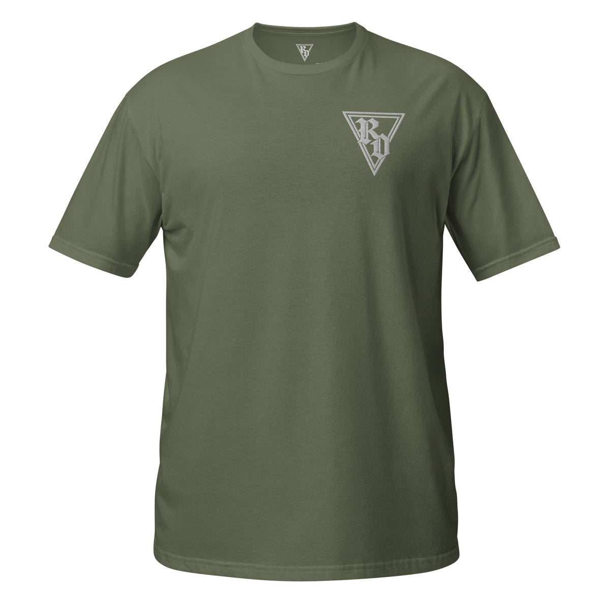 Embroidered white RD logo Tee by Rad Daddy Clothing in military green, front view