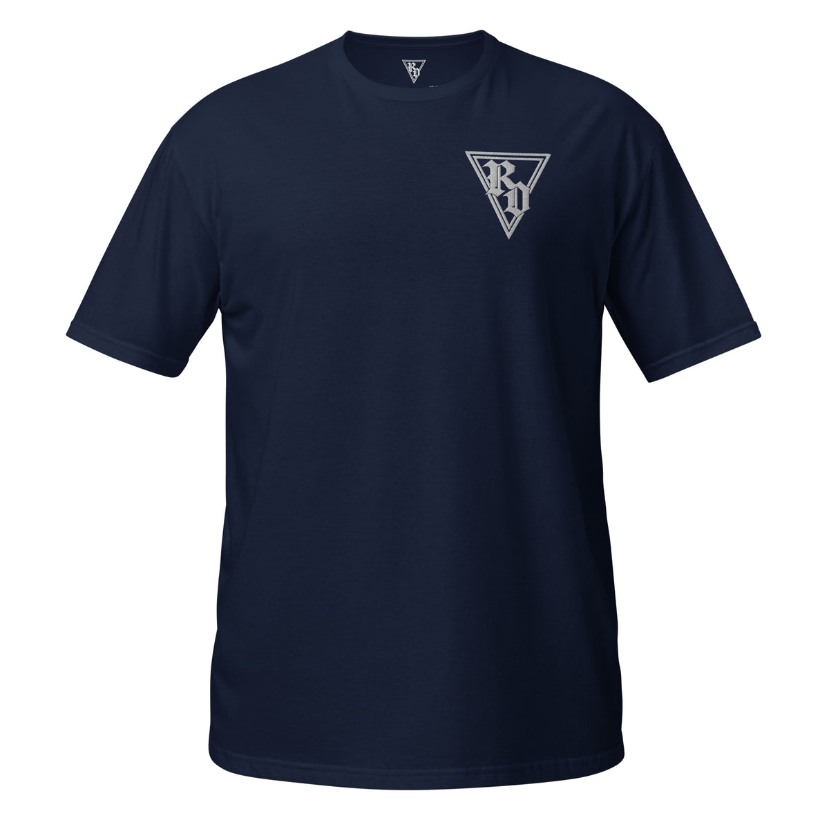 Embroidered white RD logo Tee by Rad Daddy Clothing in navy, front view