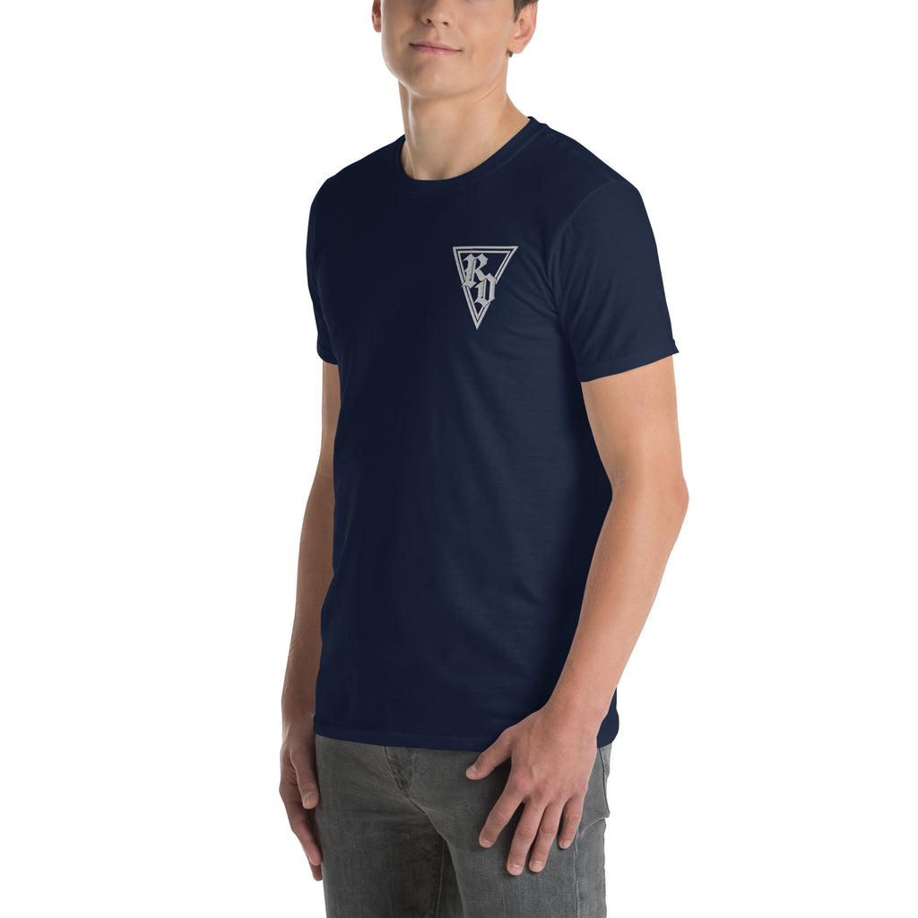 Embroidered white RD logo Tee by Rad Daddy Clothing in navy, left front view