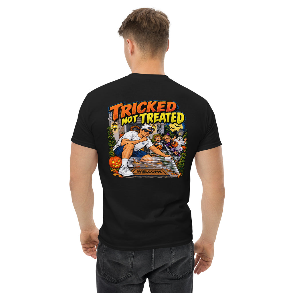 Tricked Not Treated Halloween T-shirt by Rad Daddy Clothing in black, back view