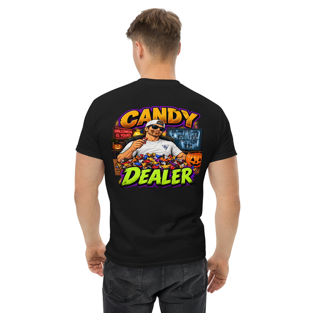 Candy Dealer Halloween T-shirt by Rad Daddy Clothing in black, back view