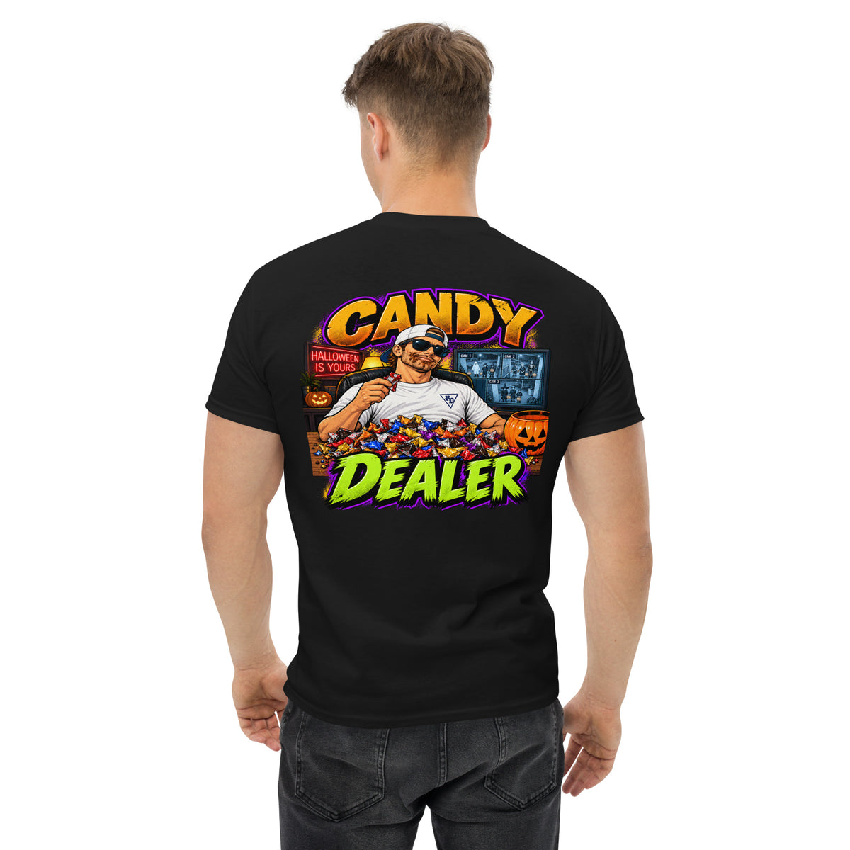 Candy Dealer Halloween T-shirt by Rad Daddy Clothing in black, back view