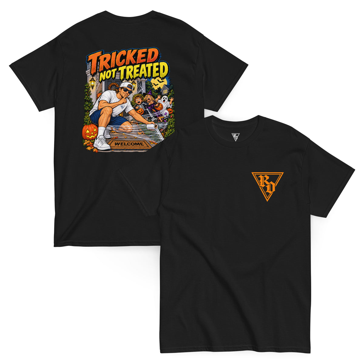 Black Tricked Not Treated Halloween T-shirt, front and back, with orange RD chest logo and colorful dad-and-pumpkin graphic