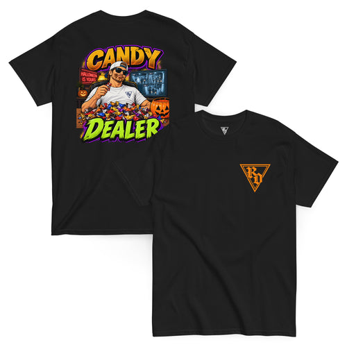 Black Candy Dealer T-shirt, front and back, with orange RD chest logo and dad, candy, and pumpkin Halloween graphic