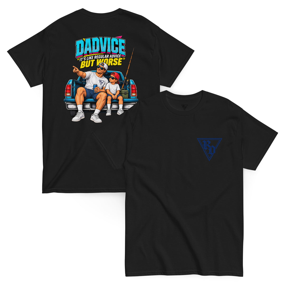 Dadvice T-shirt by Rad Daddy Clothing in black, front and back view
