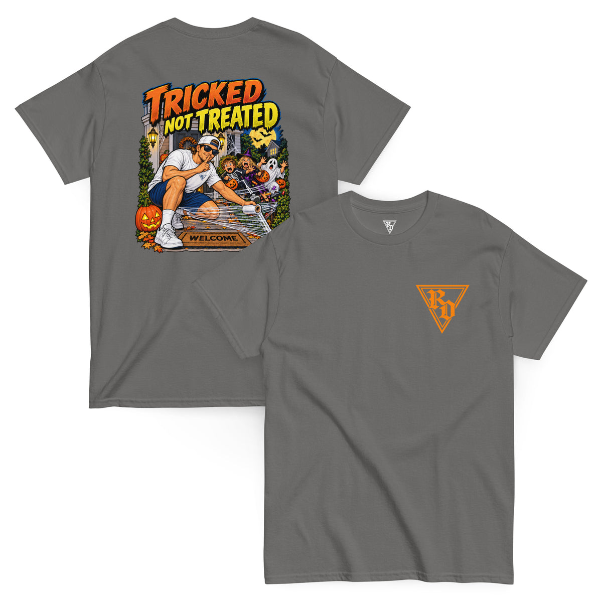 Tricked Not Treated Halloween T-shirt by Rad Daddy Clothing in charcoal, front and back view