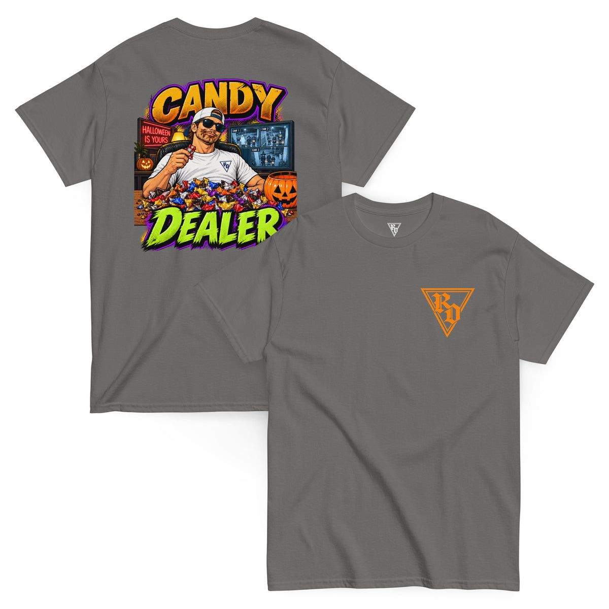 Candy Dealer Halloween T-shirt by Rad Daddy Clothing in charcoal, front and back view