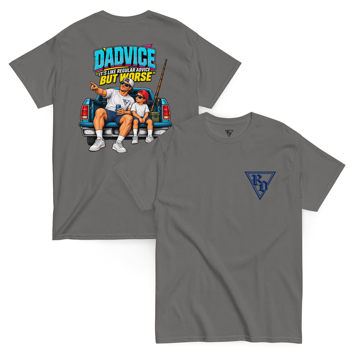 Dadvice T-shirt by Rad Daddy Clothing in charcoal, front and back view