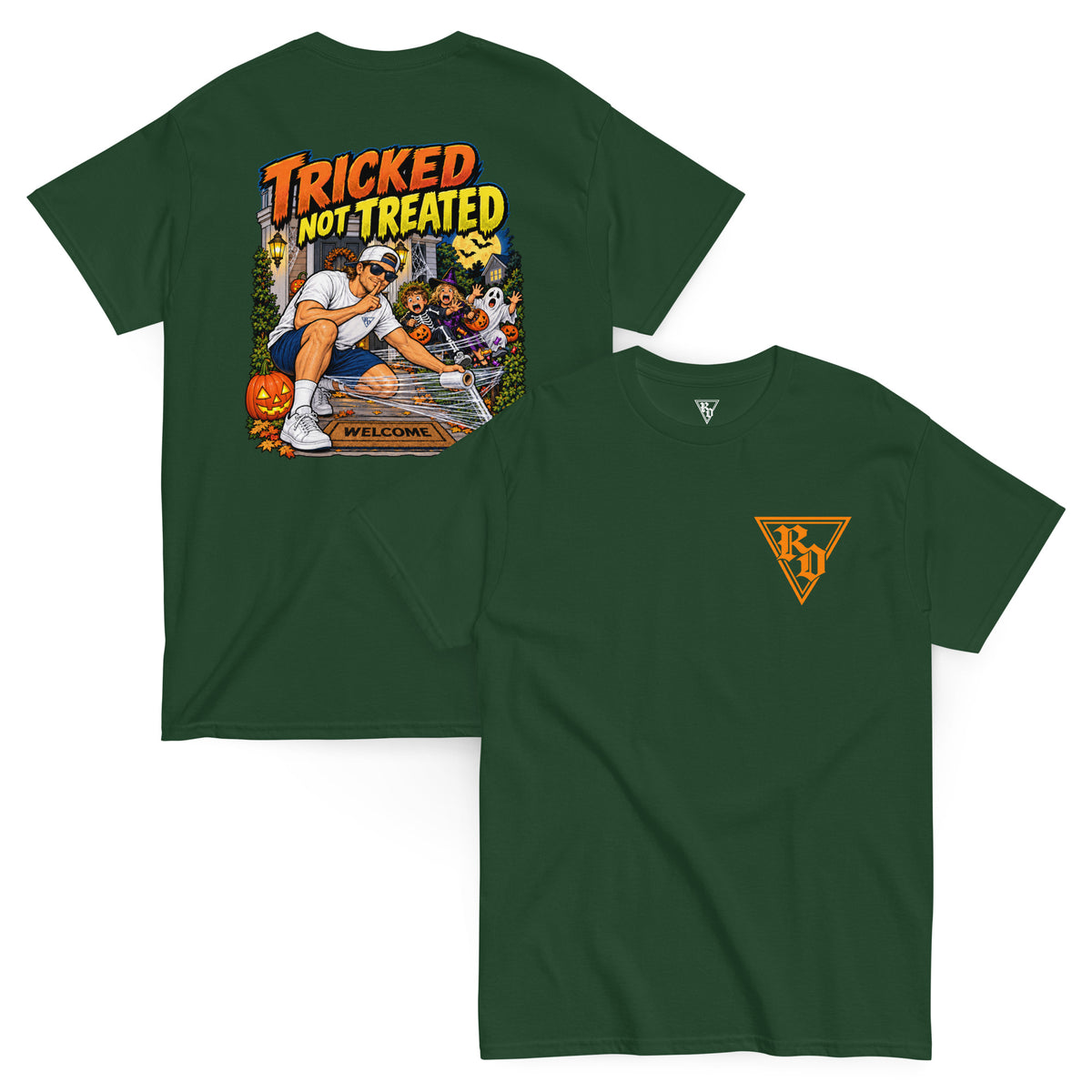 Tricked Not Treated Halloween T-shirt by Rad Daddy Clothing in forest green, front and back view
