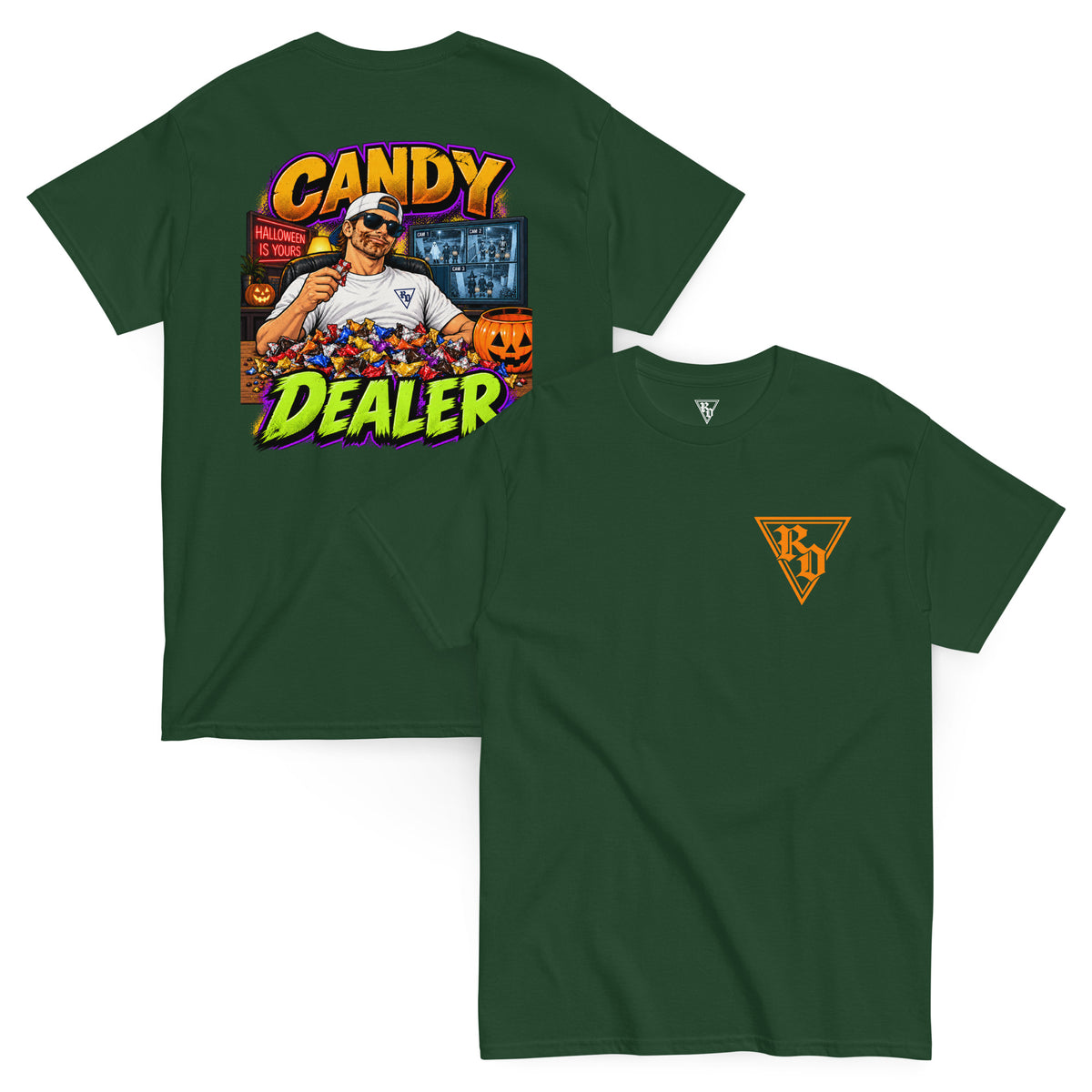 Candy Dealer Halloween T-shirt by Rad Daddy Clothing in forest green, front and back view