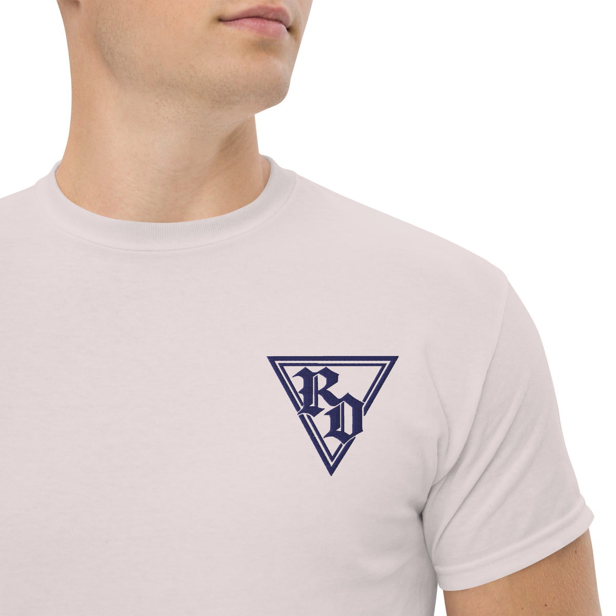 Embroidered Navy RD logo Tee by Rad Daddy Clothing, front view