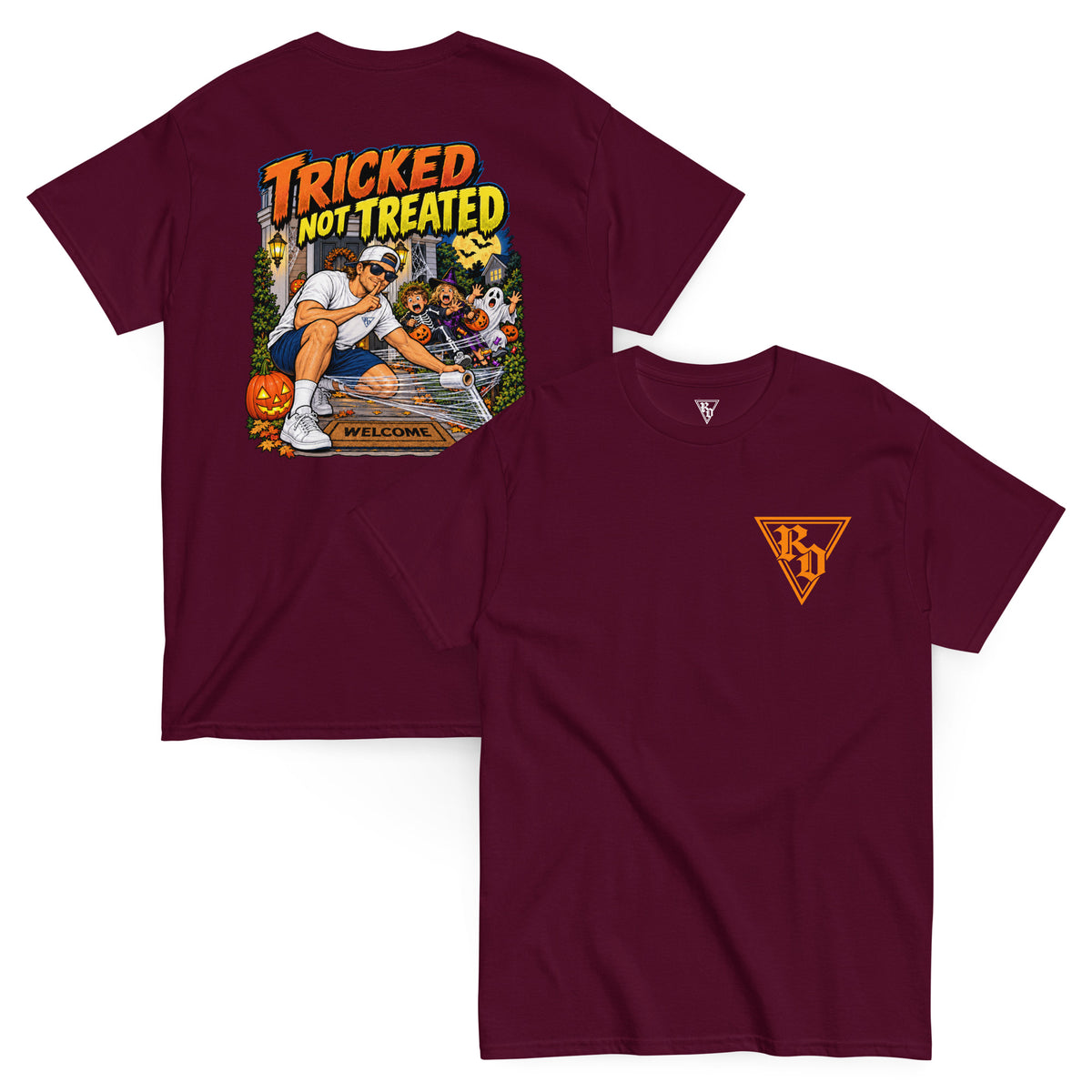 Tricked Not Treated Halloween T-shirt by Rad Daddy Clothing in maroon, front and back view