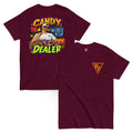 Candy Dealer Halloween T-shirt by Rad Daddy Clothing in maroon, front and back view