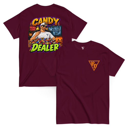 Candy Dealer Halloween T-shirt by Rad Daddy Clothing in maroon, front and back view