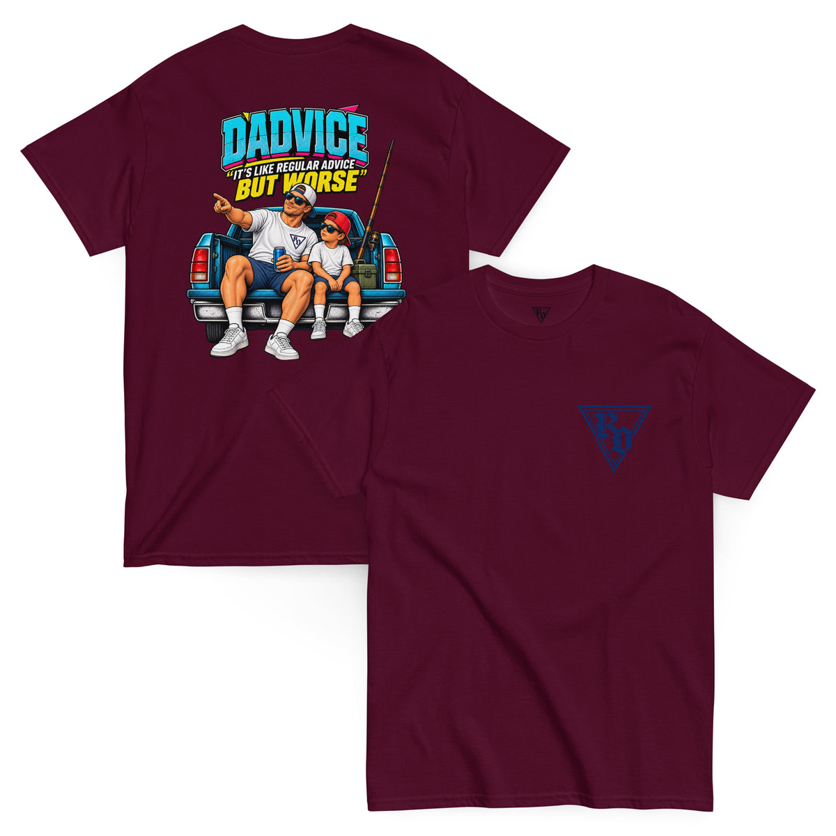 Dadvice T-shirt by Rad Daddy Clothing in maroon, front and back view