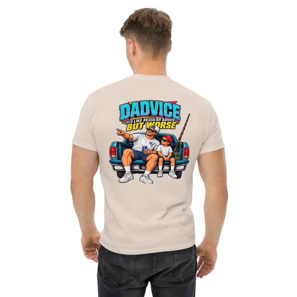 Dadvice T-shirt by Rad Daddy Clothing in natural, back view