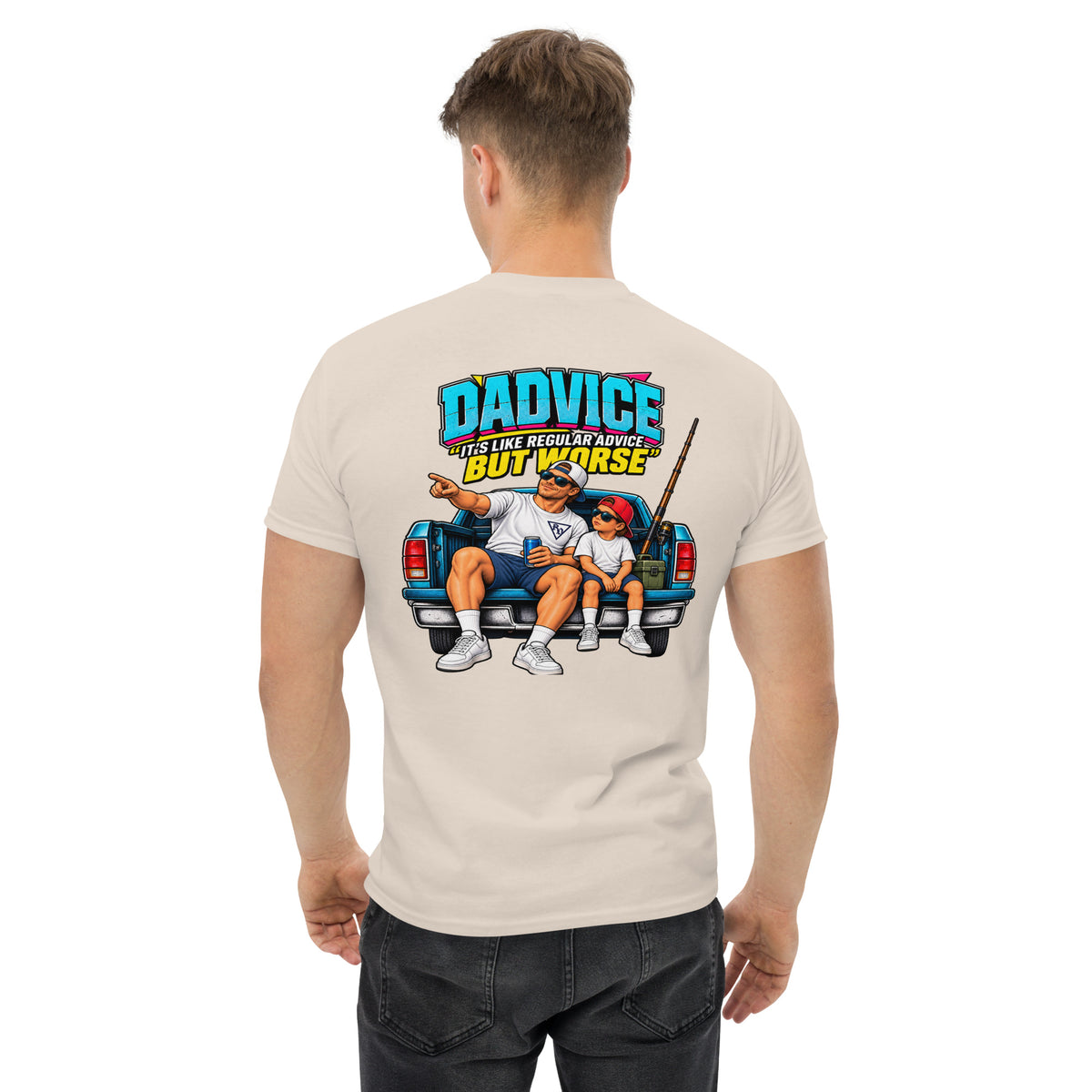 Dadvice T-shirt by Rad Daddy Clothing in natural, back view