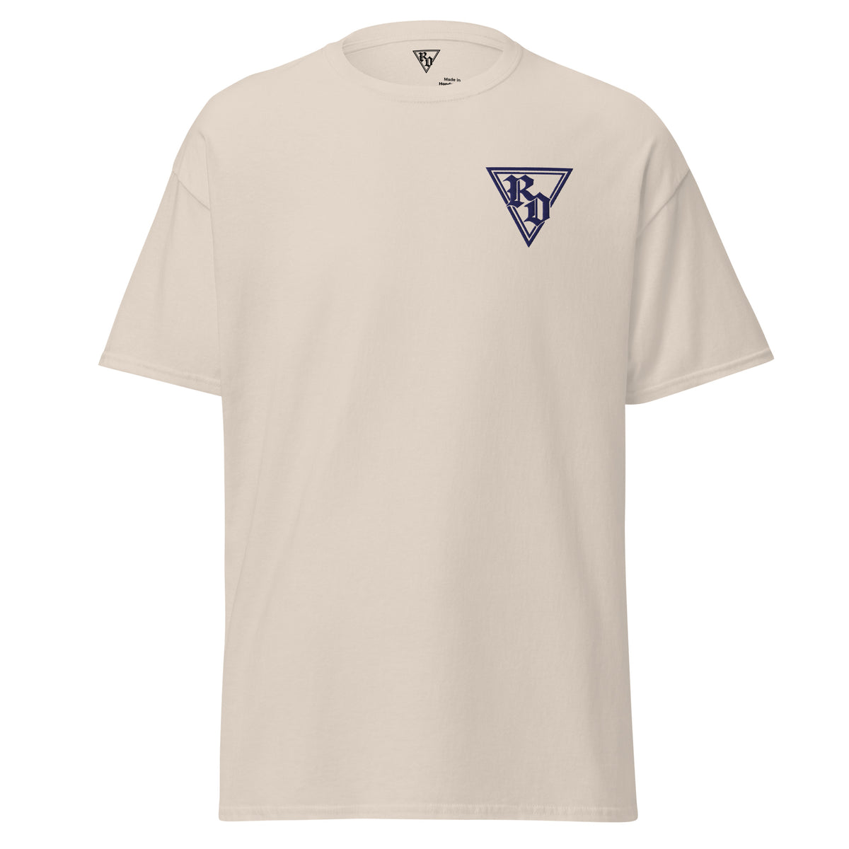 Embroidered Navy RD logo Tee by Rad Daddy Clothing in natural, front view