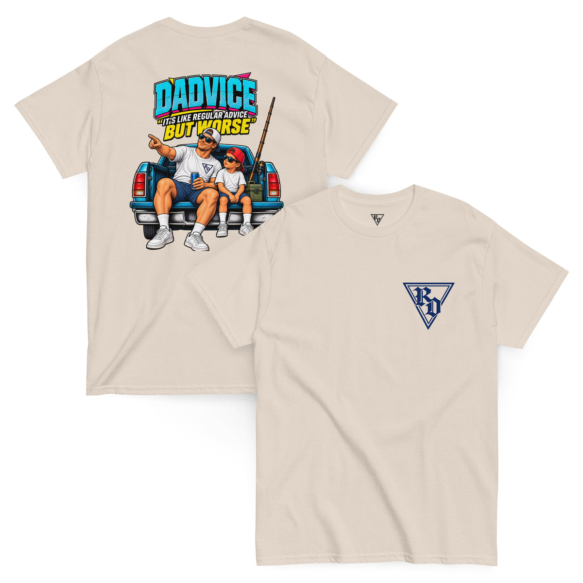 Natural Dadvice T-shirt, front and back, with RD chest logo and father-and-child graphic reading “Dadvice: it’s like regular advice but worse”