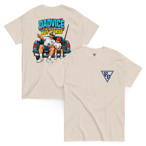Natural Dadvice T-shirt, front and back, with RD chest logo and father-and-child graphic reading “Dadvice: it’s like regular advice but worse”