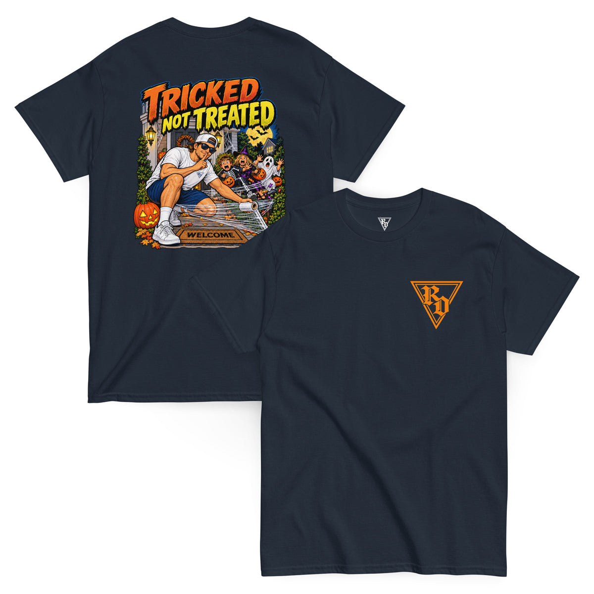 Tricked Not Treated Halloween T-shirt by Rad Daddy Clothing in navy, front and back view