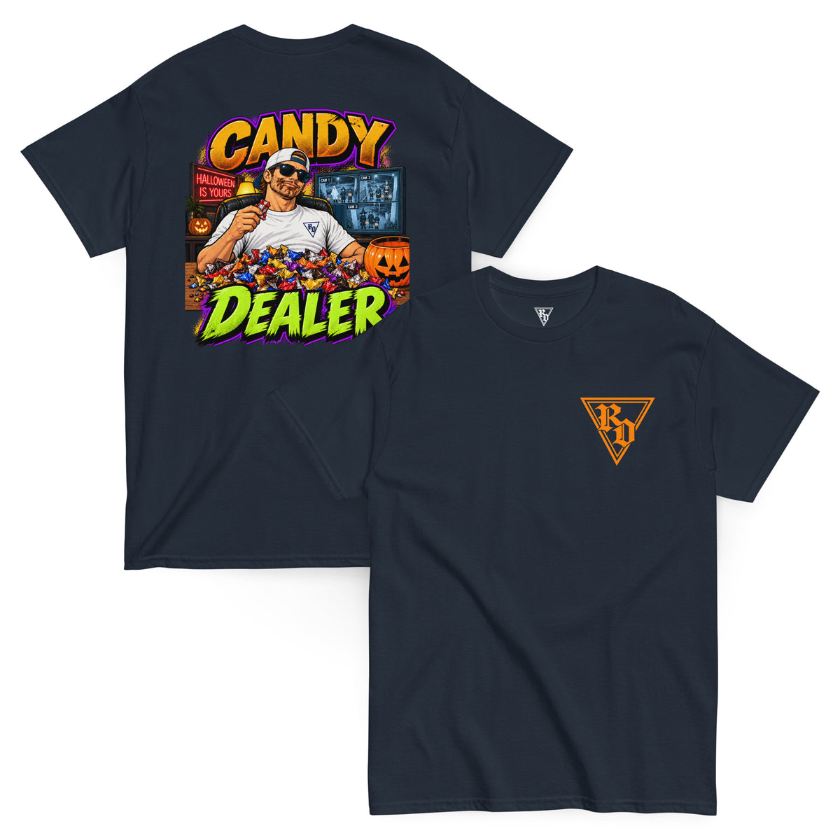 Candy Dealer Halloween T-shirt by Rad Daddy Clothing in navy, front and back view