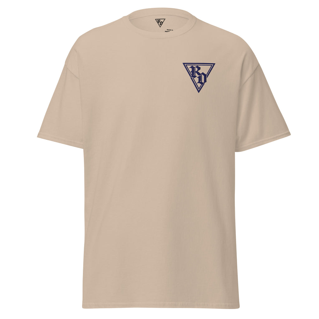 Embroidered Navy RD logo Tee by Rad Daddy Clothing in sand, front view