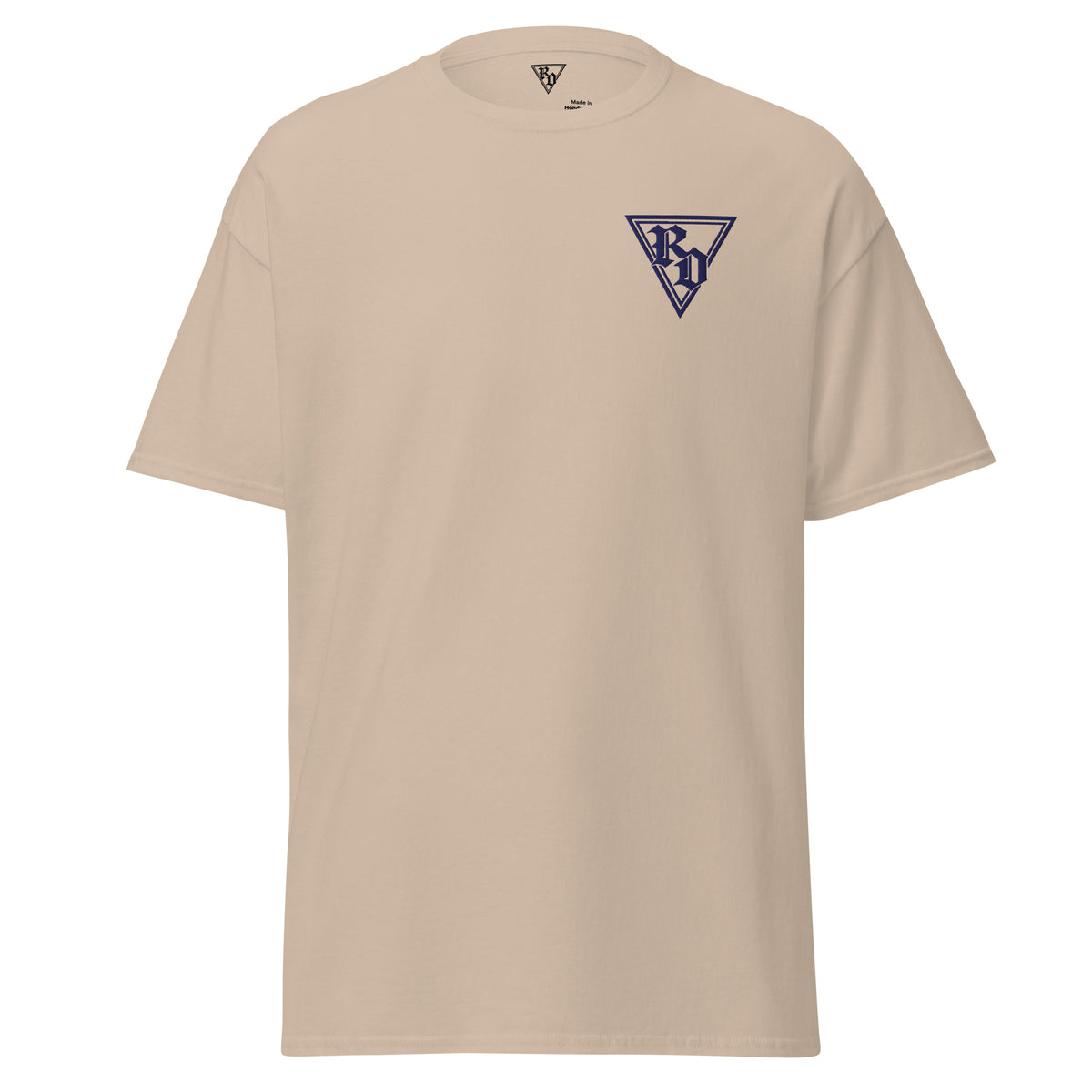 Embroidered Navy RD logo Tee by Rad Daddy Clothing in sand, front view