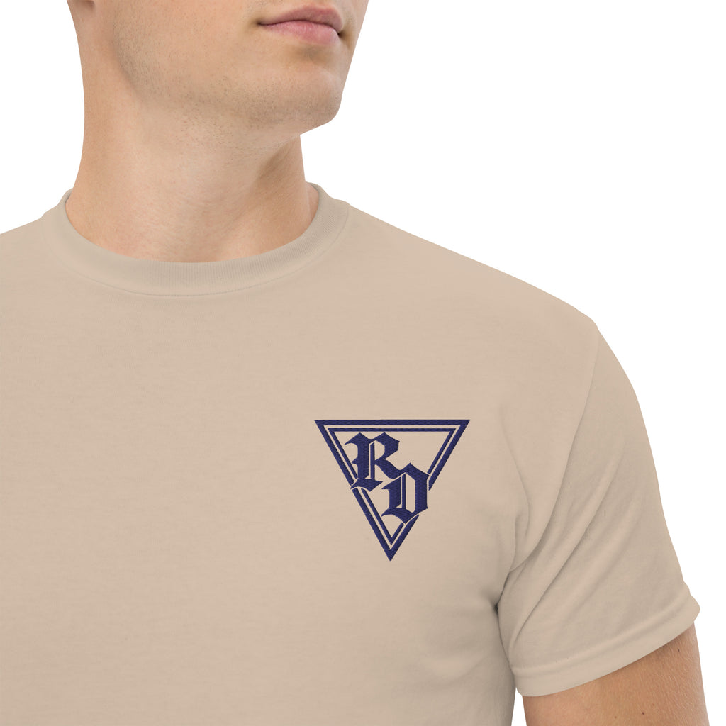 Embroidered Navy RD logo Tee by Rad Daddy Clothing in sand, front view