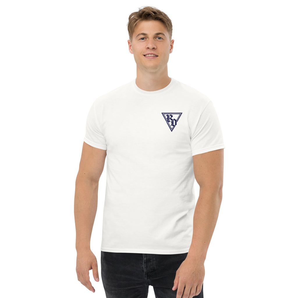 Embroidered Navy RD logo Tee by Rad Daddy Clothing in white, front view