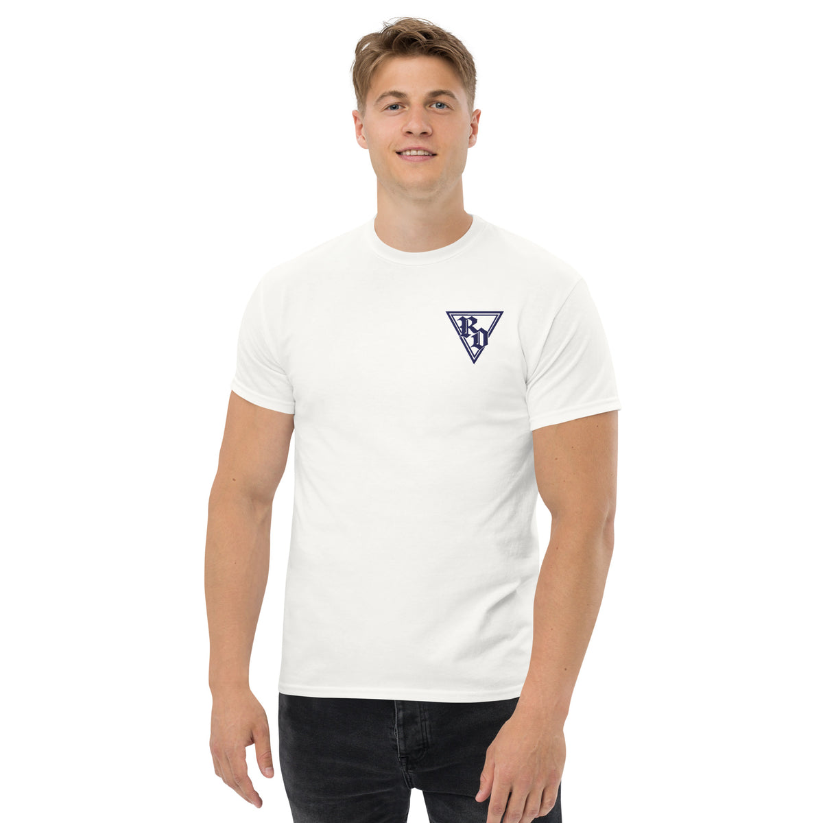 Embroidered Navy RD logo Tee by Rad Daddy Clothing in white, front view