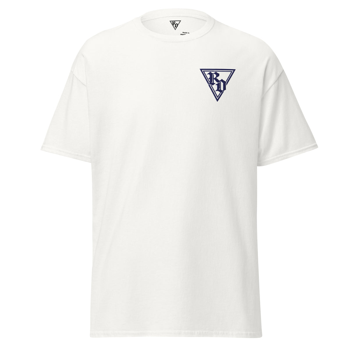 Embroidered Navy RD logo Tee by Rad Daddy Clothing in white, front view