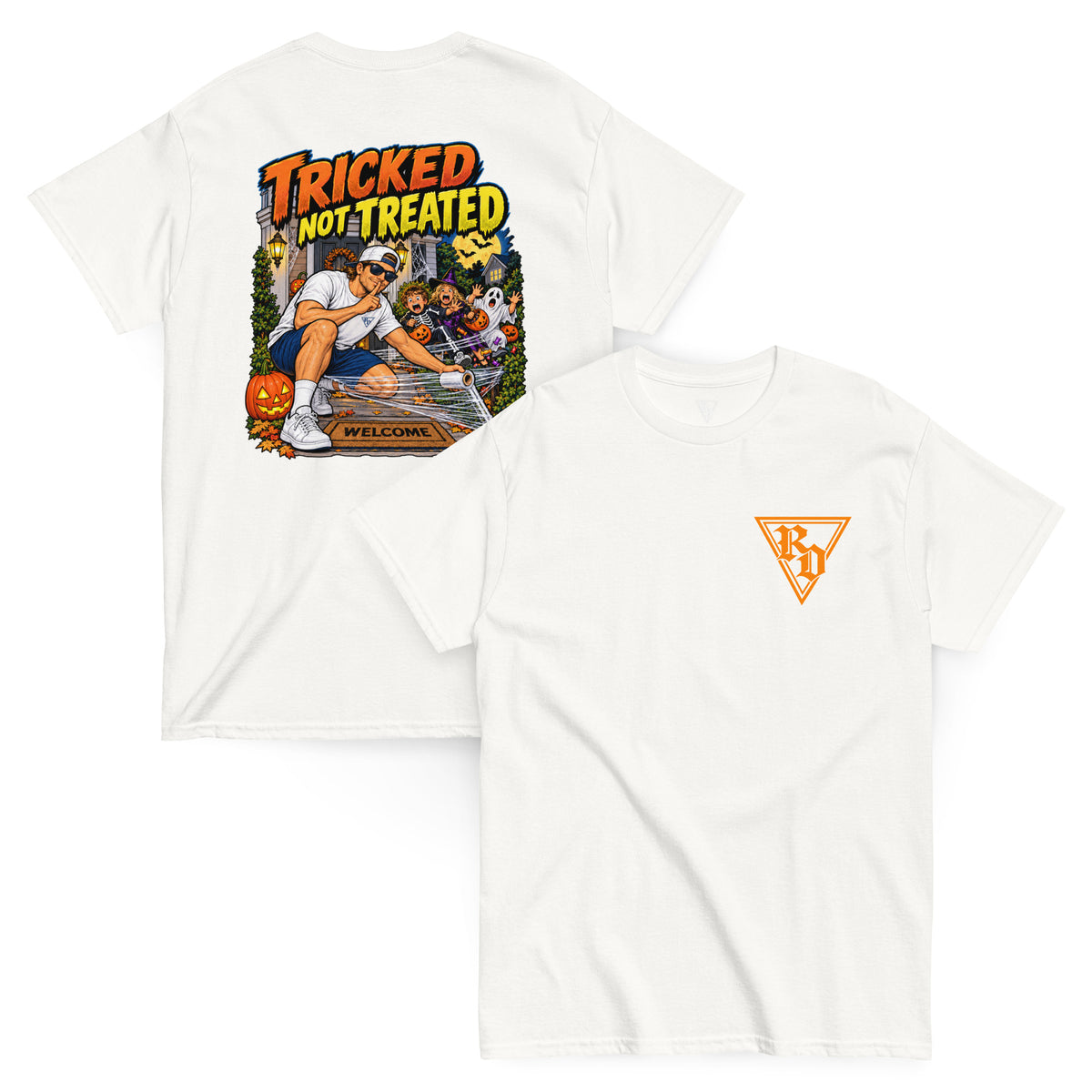 Tricked Not Treated Halloween T-shirt by Rad Daddy Clothing in white, front and back view
