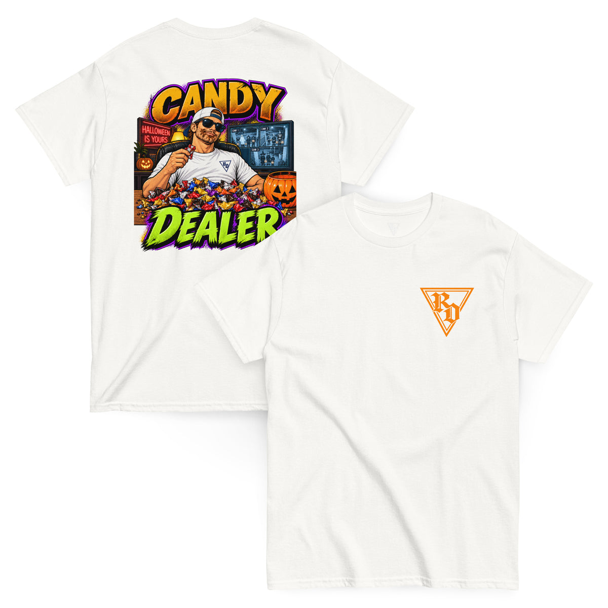 Candy Dealer Halloween T-shirt by Rad Daddy Clothing in white, front and back view