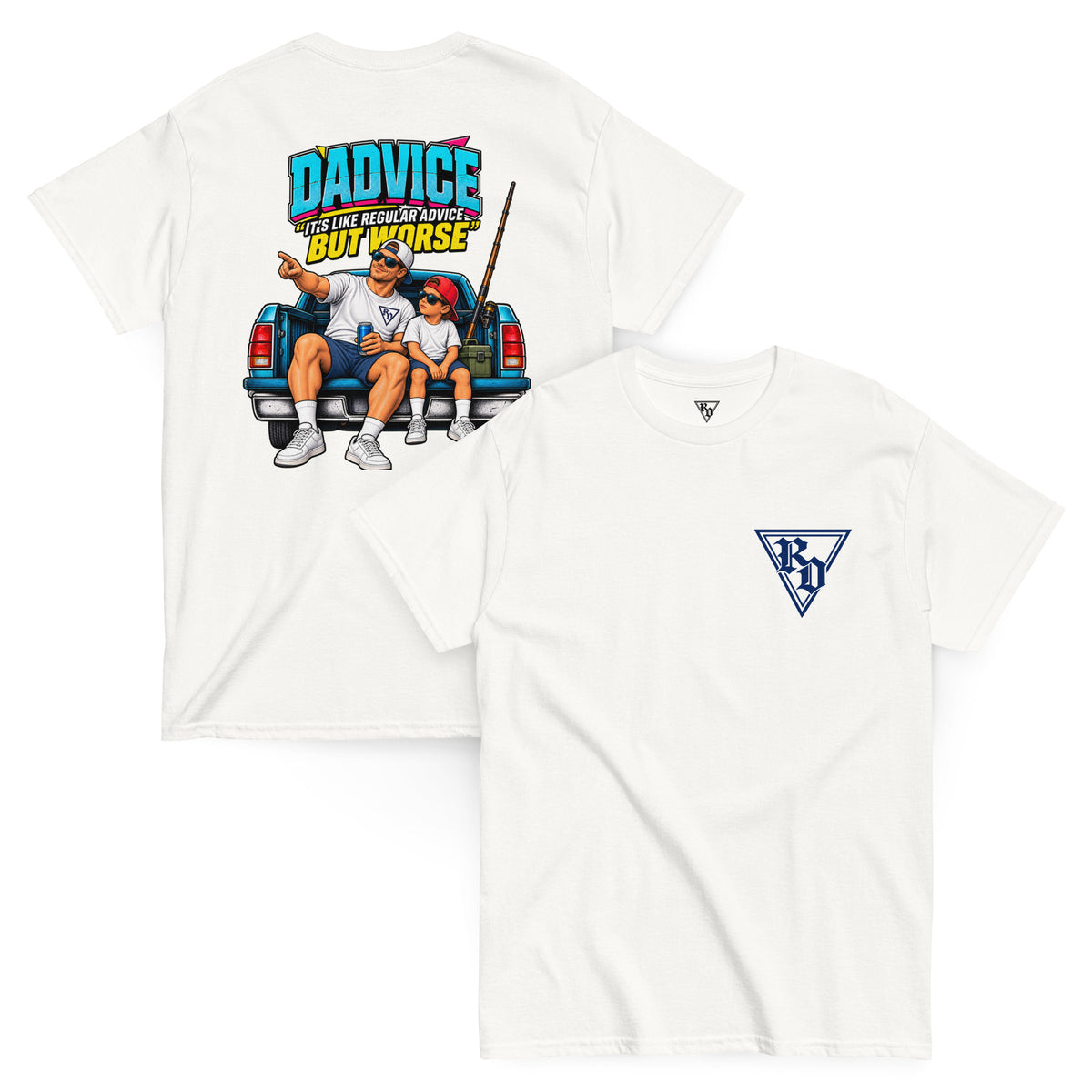 Dadvice T-shirt by Rad Daddy Clothing in white, front and back view