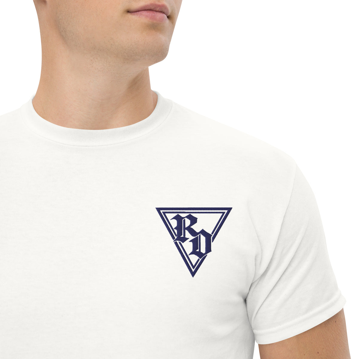 Embroidered Navy RD logo Tee by Rad Daddy Clothing in white, front view