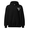Embroidered White RD logo hoodie by Rad Daddy Clothing in black, front view
