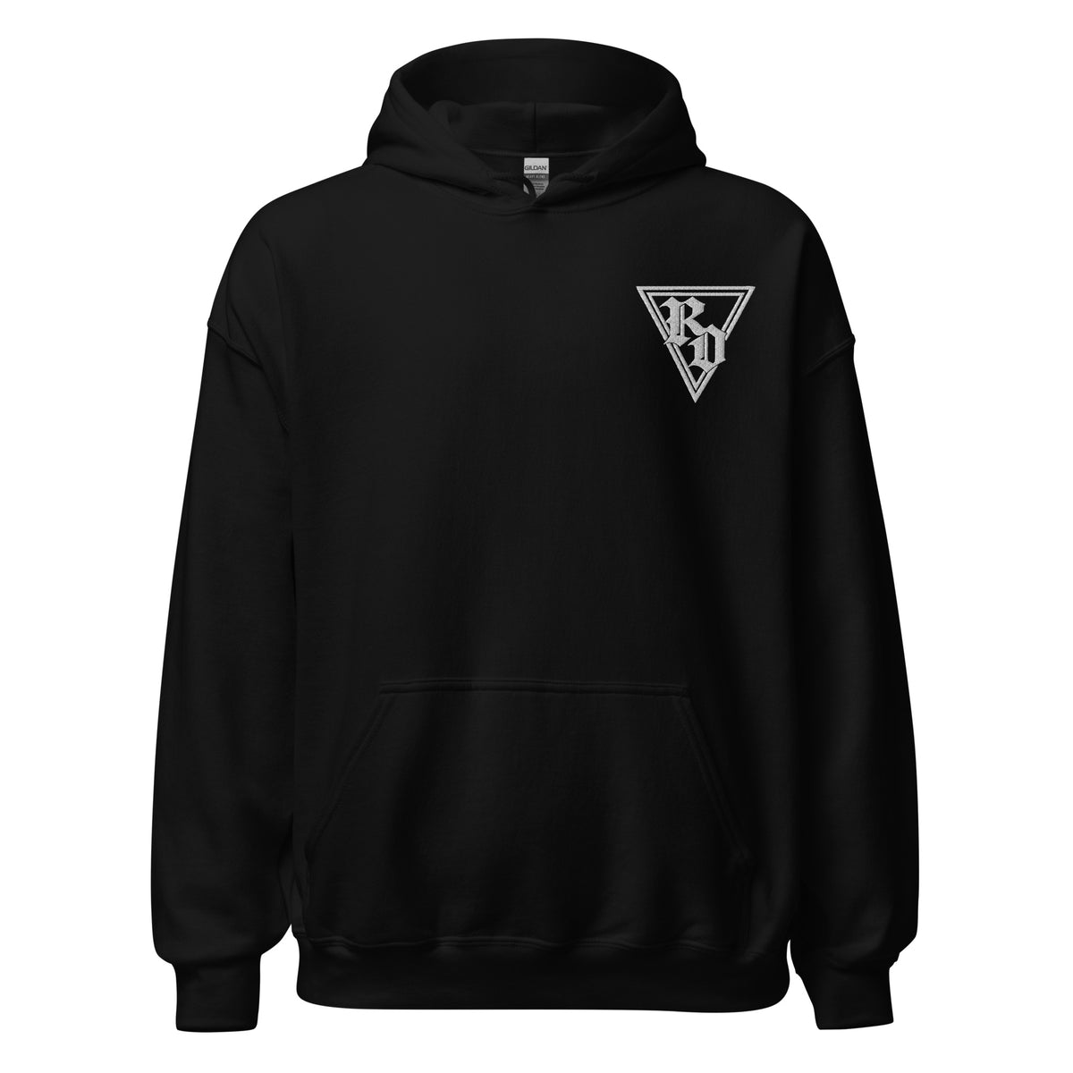 Embroidered White RD logo hoodie by Rad Daddy Clothing in black, front view