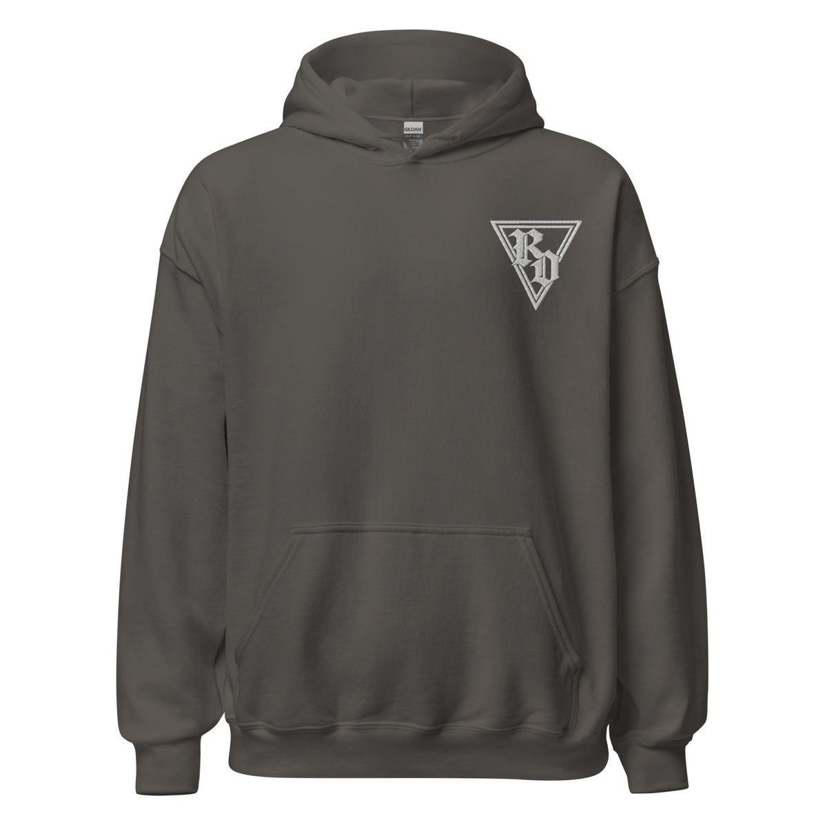 Embroidered White RD logo hoodie by Rad Daddy Clothing in charcoal, front view