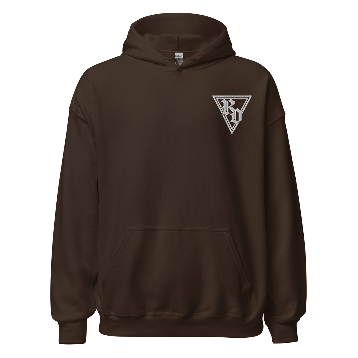 Embroidered White RD logo hoodie by Rad Daddy Clothing in dark chocolate, front view